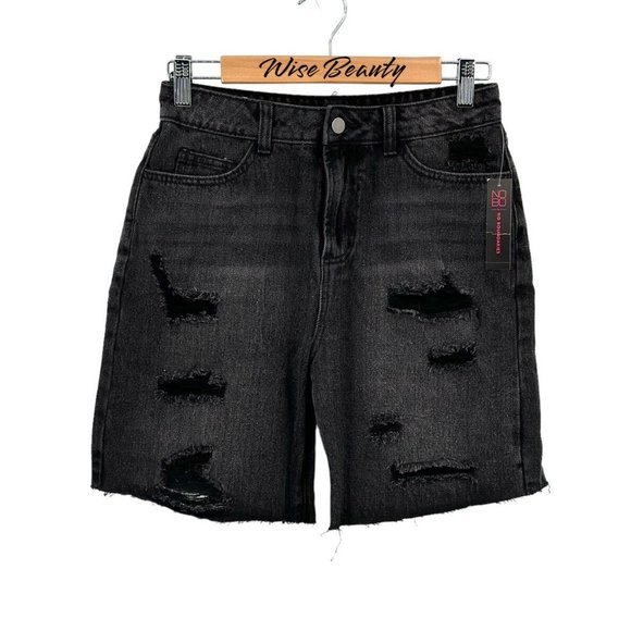 No Boundaries Womens High Rise Boyfriend Shorts Size 5 Black Distressed Denim - Picture 6 of 9